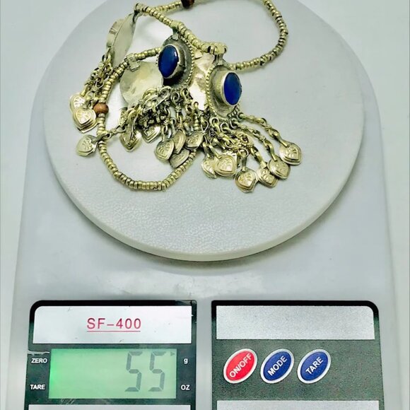 Beaded Chain Choker Necklace With Dangling Tassels and Blue Stone, Tribal Light - Picture 10 of 10